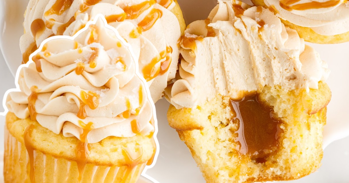 a split open cupcake beside more salted caramel cupcakes
