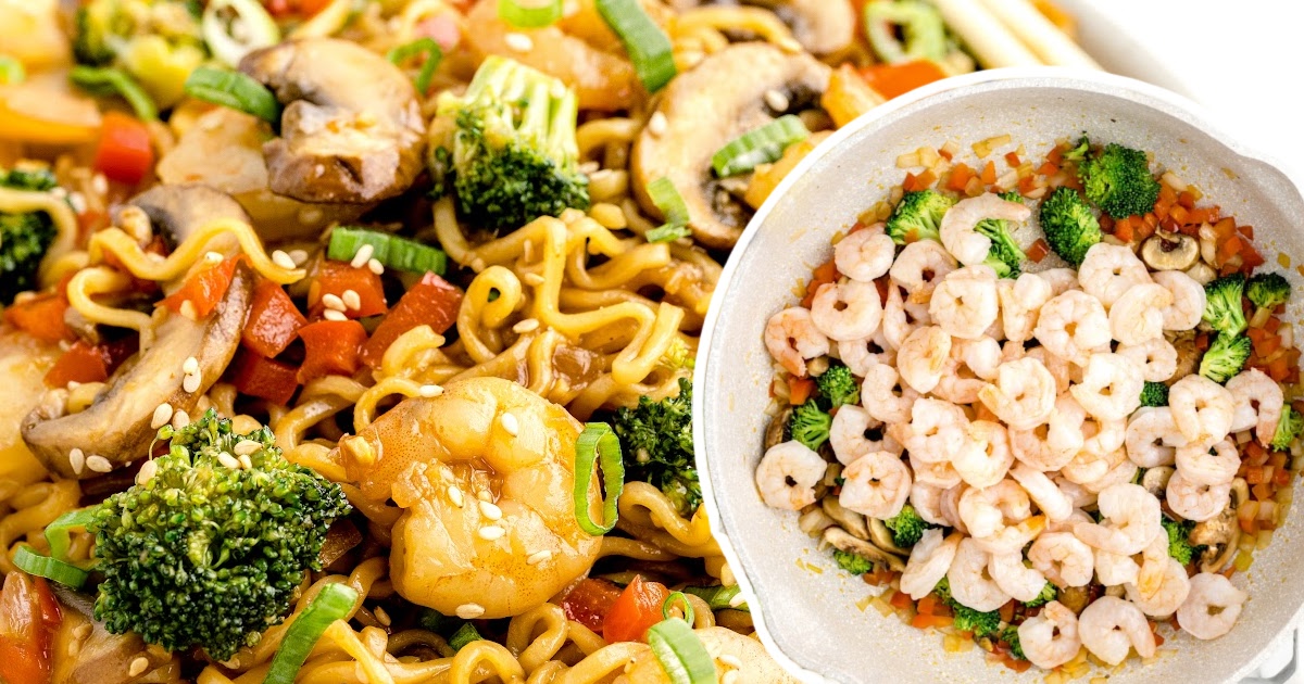 a pot of shrimp ramen and a photo of the shrimp being added to the pot.