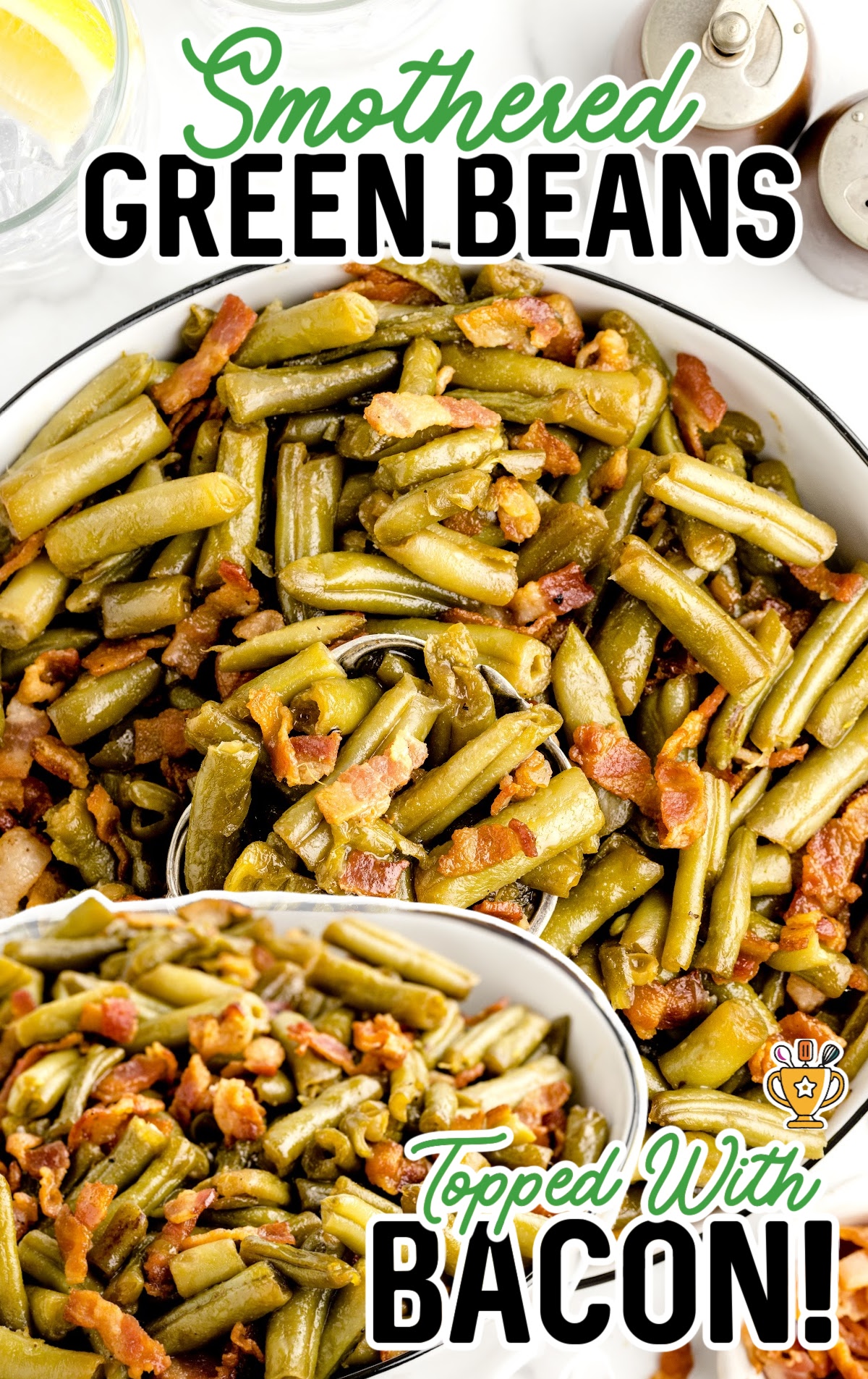 Two big bowls of cooked Smothered Green Beans.