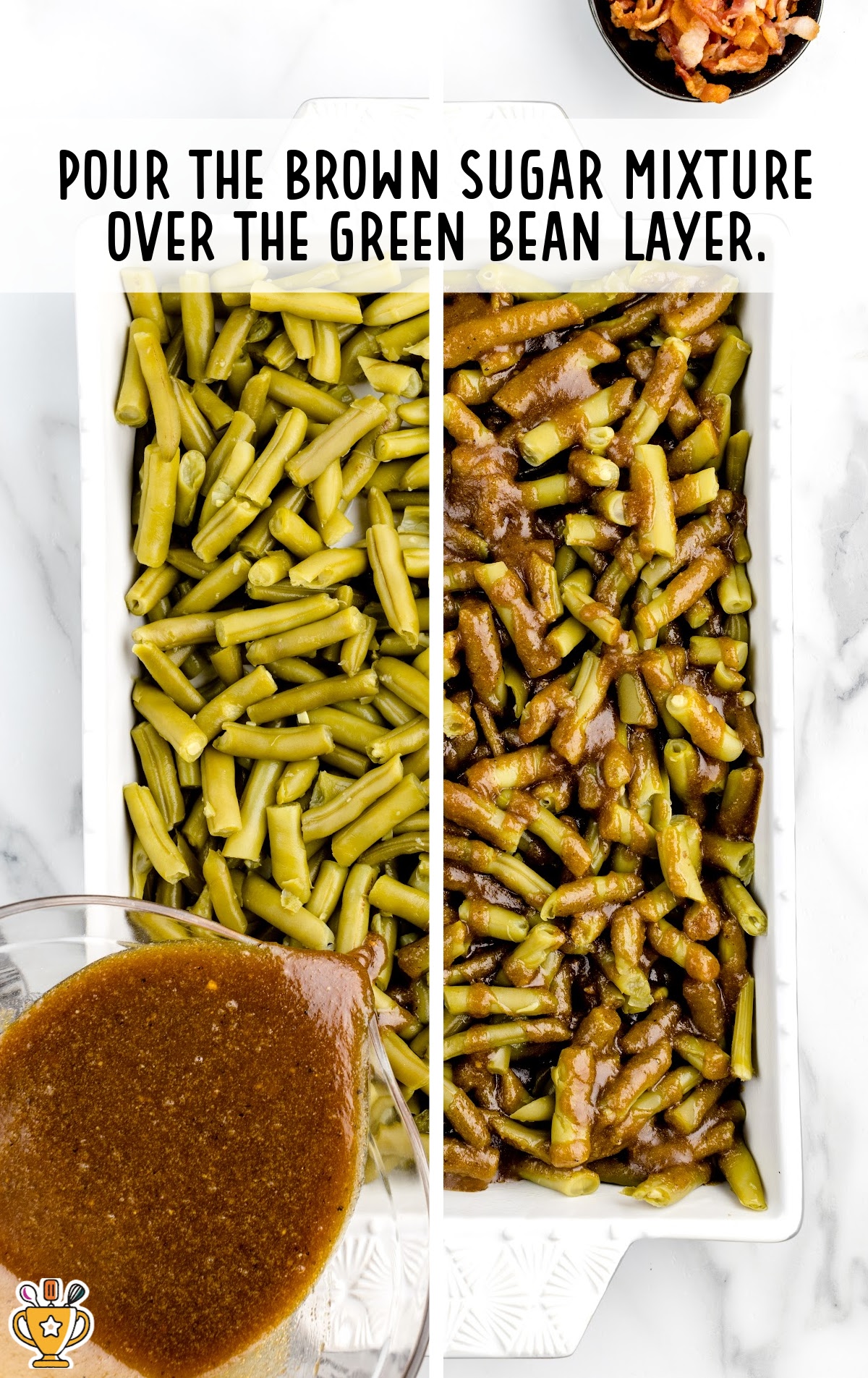 Green beans in a casserole dish with the sugar sauce poured overtop