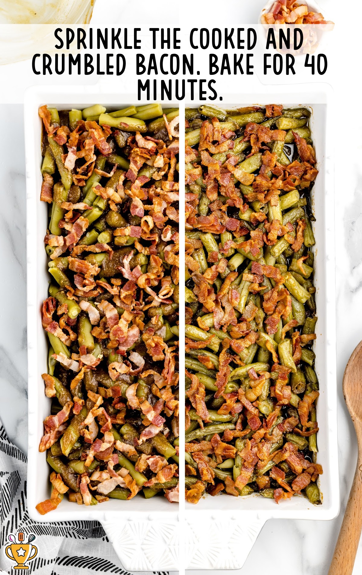 crumbled bacon cooked on top of the Smothered Green Beans