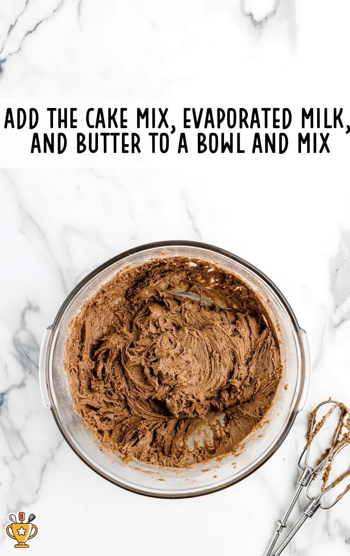 cake mix, evaporated milk and butter mixed in a bowl