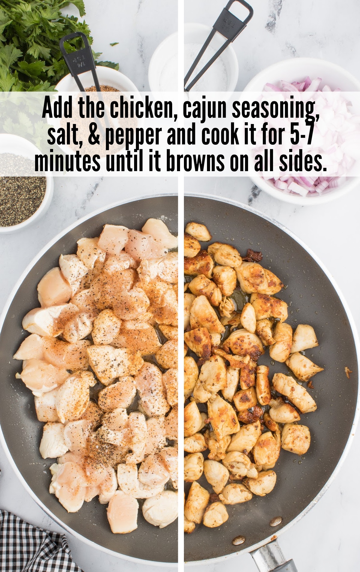adding chicken, cajun seasoning, salt and pepper in the skillet