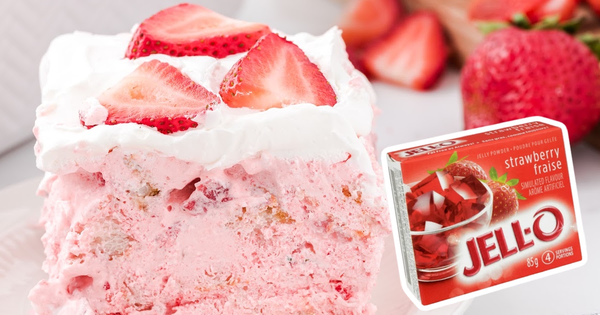 a piece of Strawberry Angel Food Cake and a box of jello box on the side