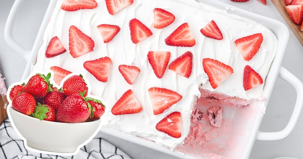 Strawberry Angel Food Cake in a baking tin