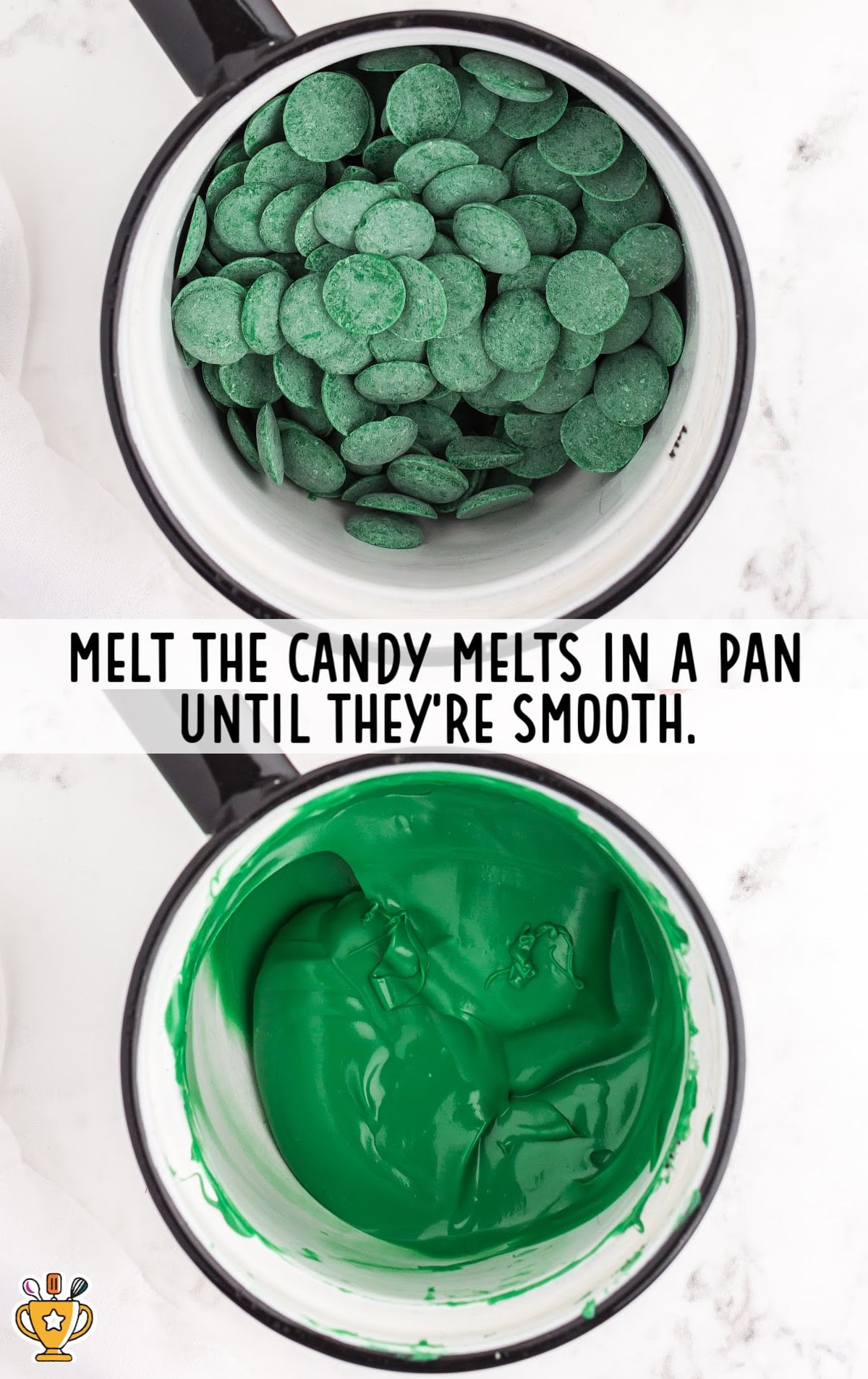 two pans, one with green candies and another with melted candies