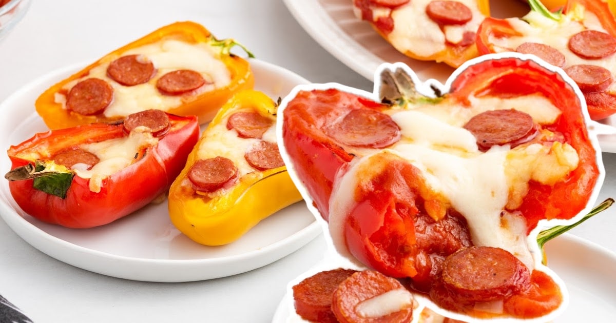 A gooey cheesy pepperoni pepper pizza beside a plate of Mini Pepper Pizzas.