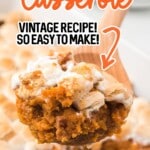 A wooden spoon with Sweet Potato Casserole