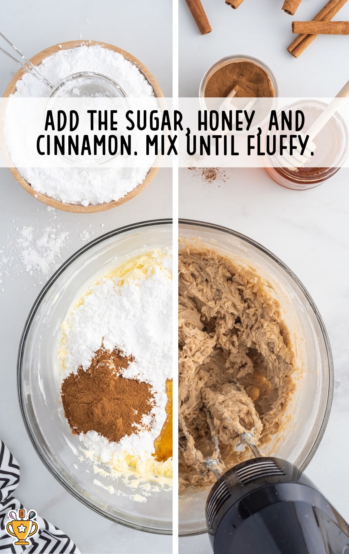 sugar, honey and cinnamon added into the mixture in a bowl