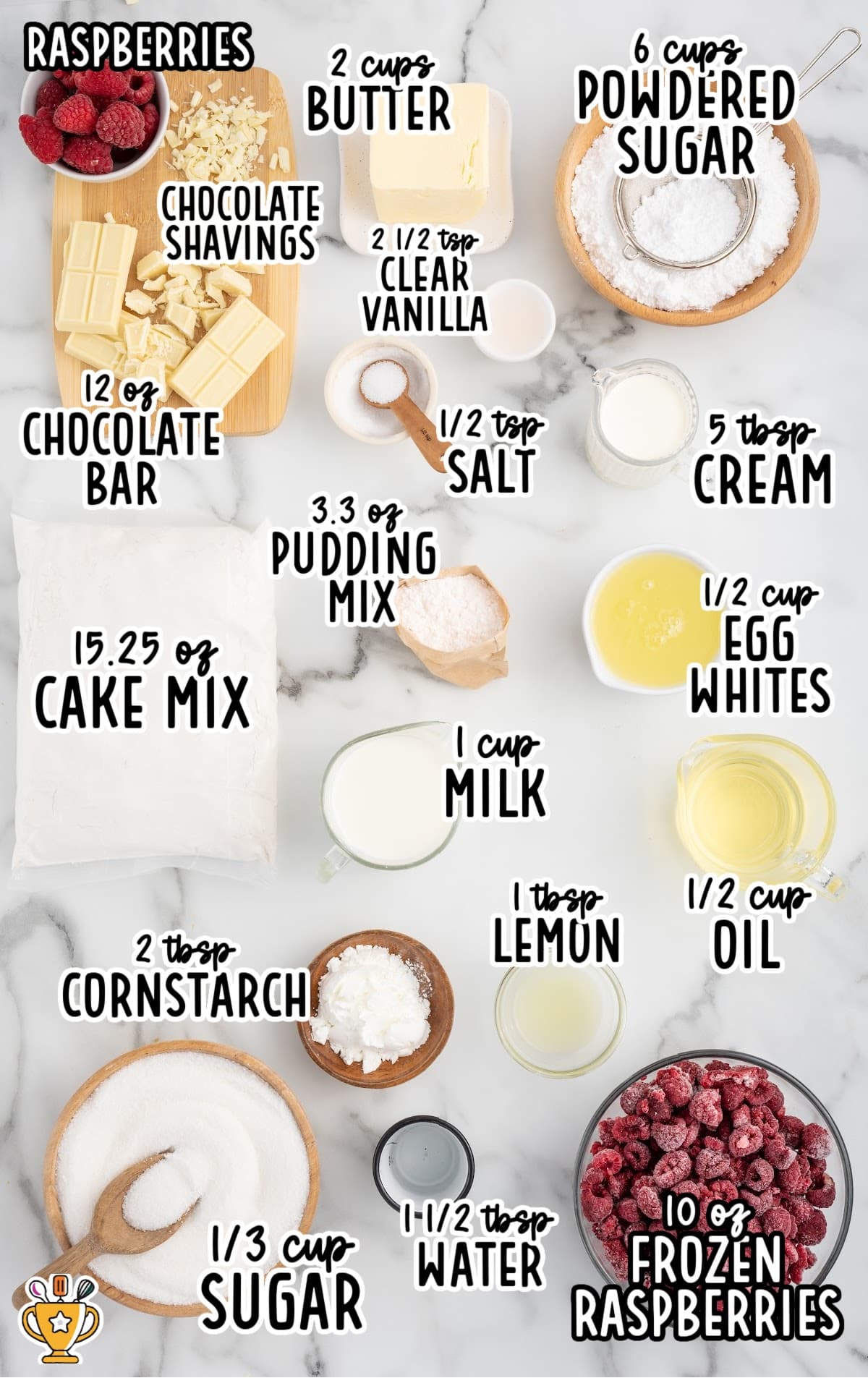 Ingredients for making White Chocolate Raspberry Cake