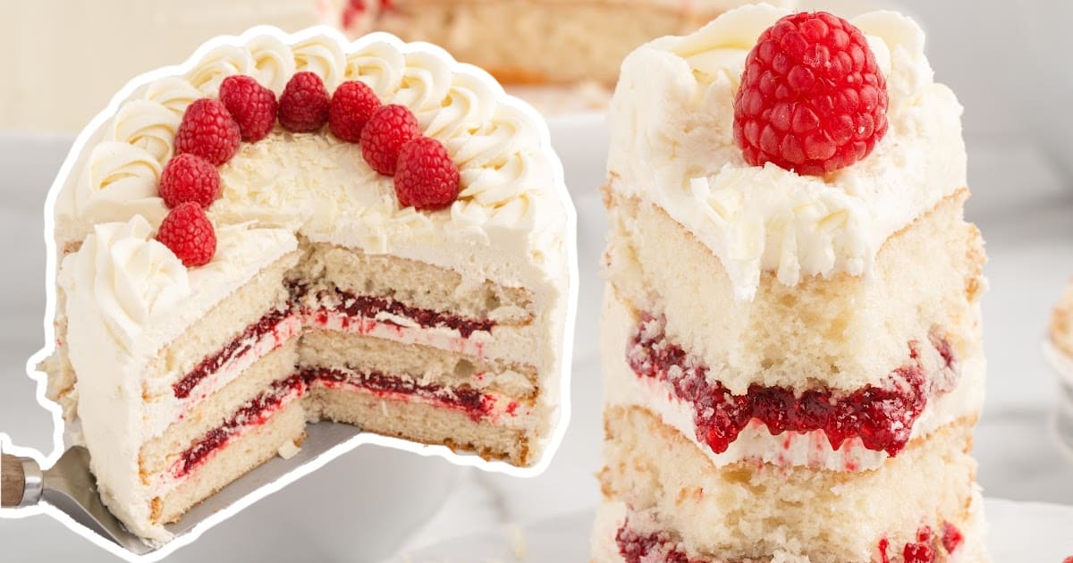 A White Chocolate Raspberry Cake and a piece of it on the side
