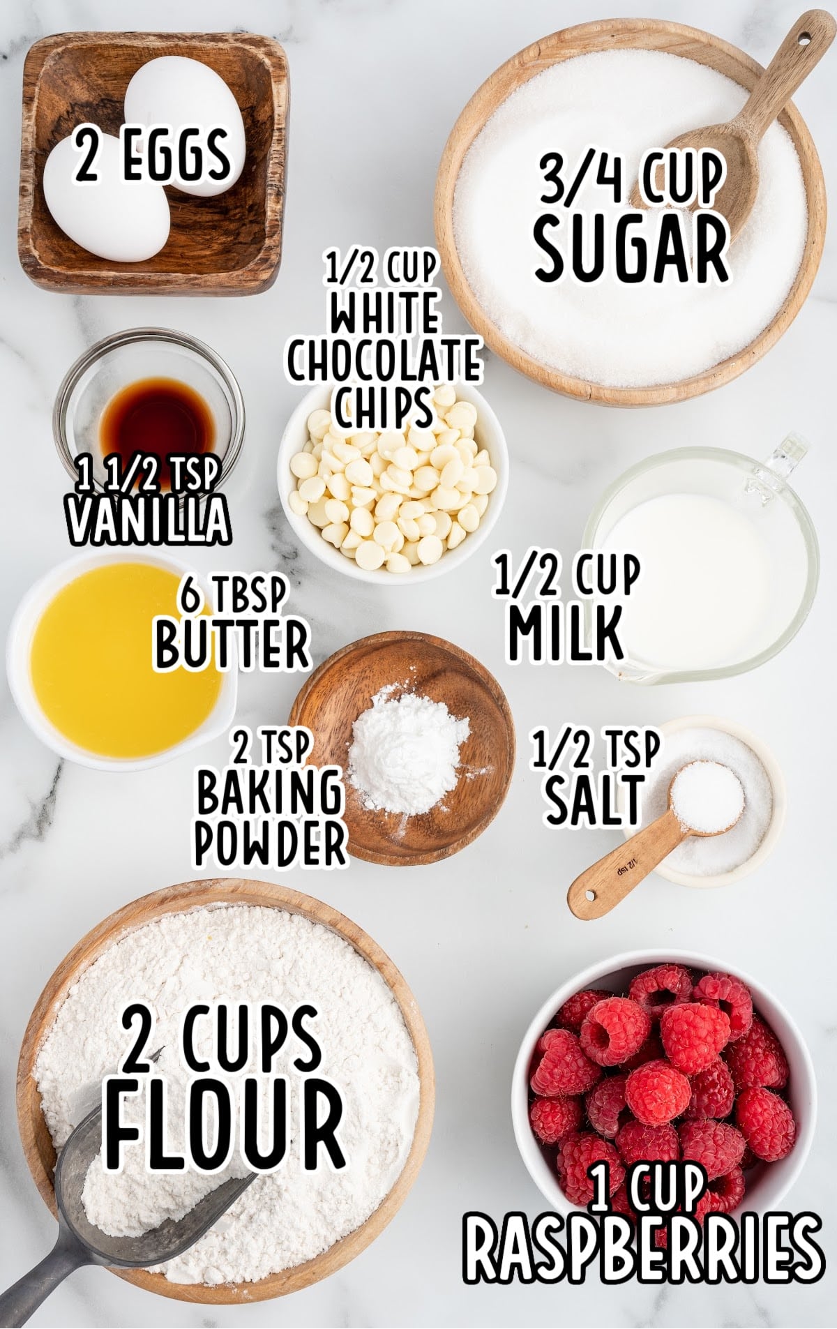Ingredients to make White Chocolate and Raspberry Muffins.