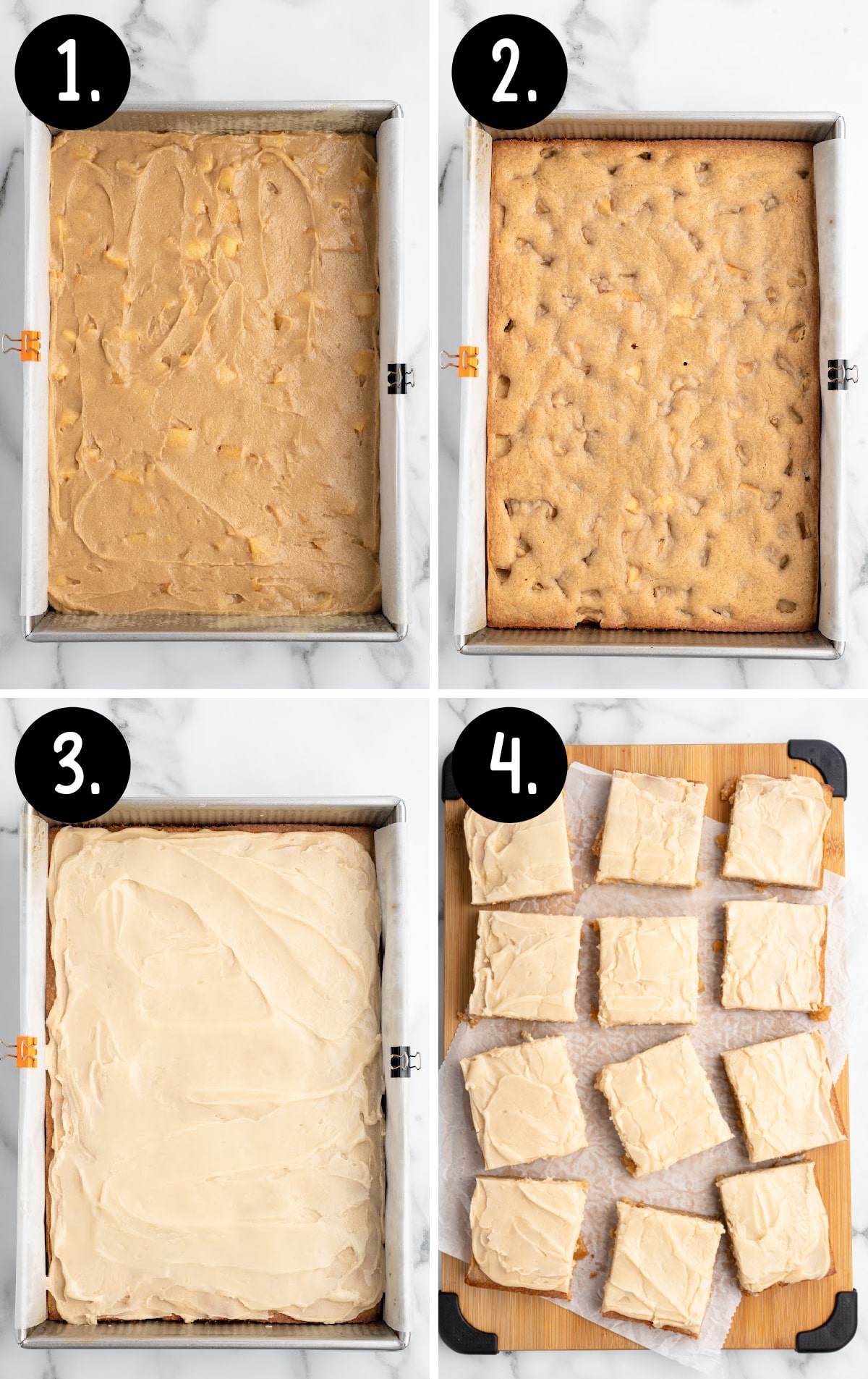 Four-step overhead process showing apple brownie batter spread in a lined baking pan, baked apple brownie slab with visible apple pieces, maple glaze frosting spread evenly over the brownies, and finished apple brownies cut into squares on parchment paper.