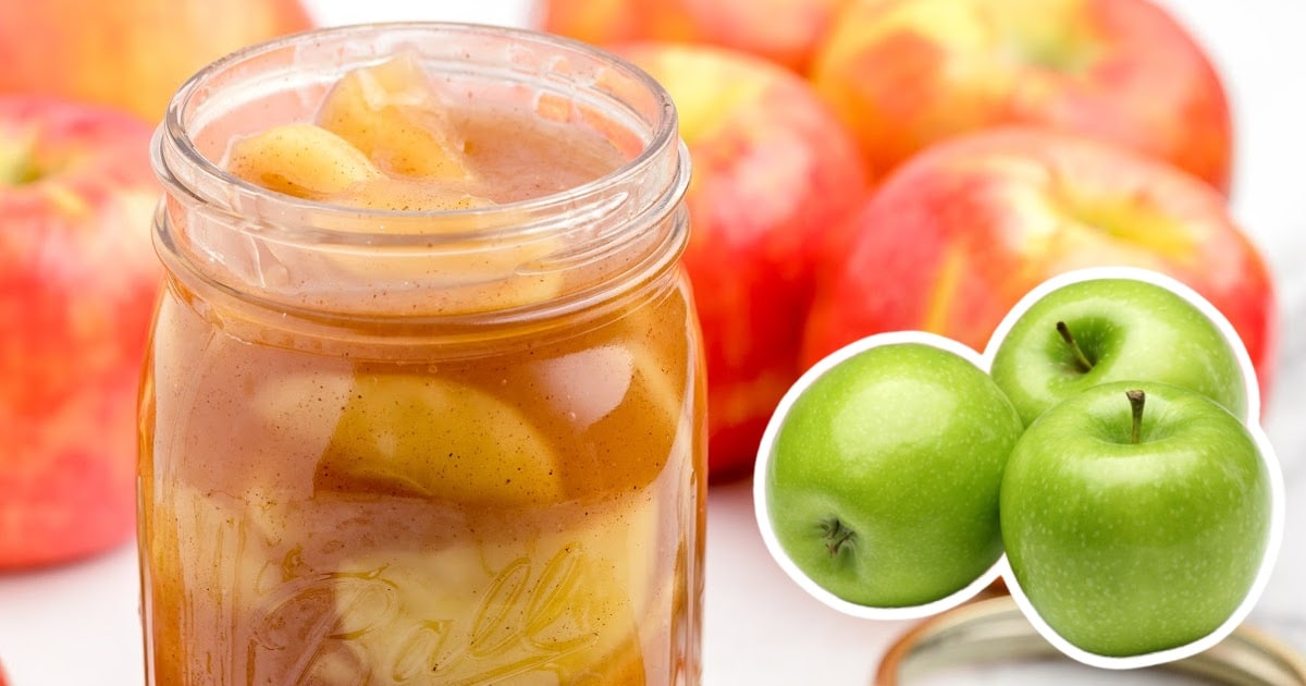 Apple Pie Filling Recipe in a jar and 3 apples on the side