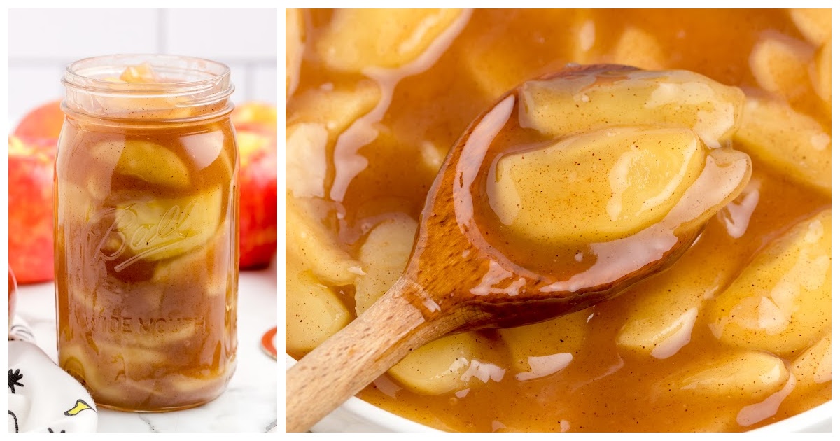 A jar full of Apple Pie Filling Recipe and a wooden spoon holding some Apple Pie Filling Recipe