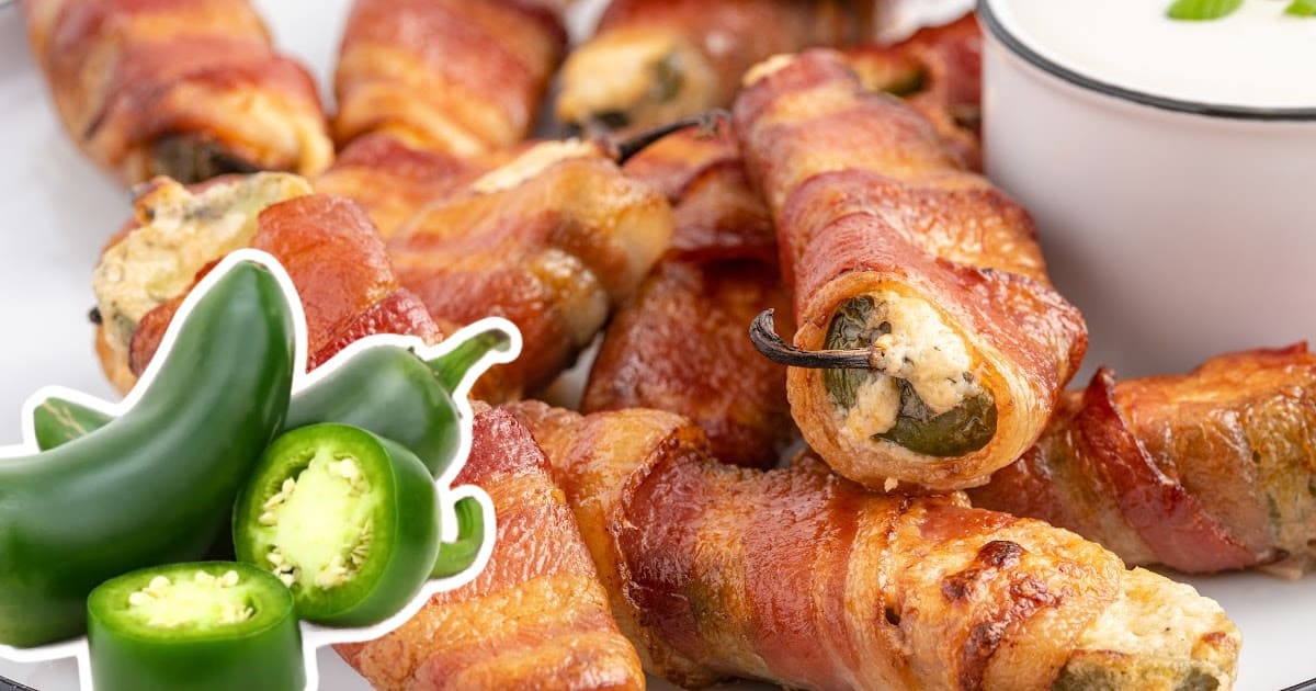 Sliced jalapeno peppers and a pile of Bacon-Wrapped Jalapeno Poppers.