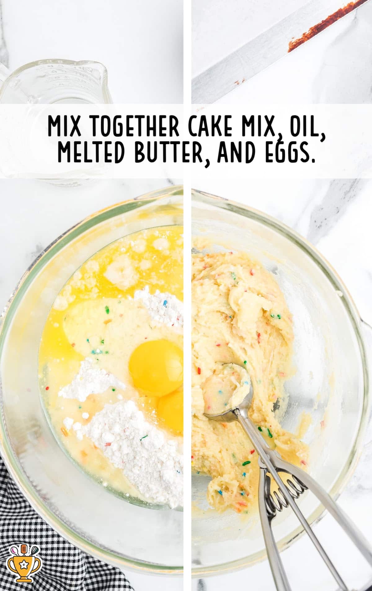 cake mix, oil, melted butter and eggs mixed in a bowl