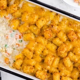 Chicken Pot Pie with Tater Tots in a baking pan