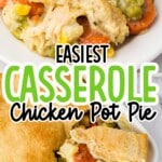 A plate of Easy Chicken Pot Pie next to a casserole dish of pot pie.