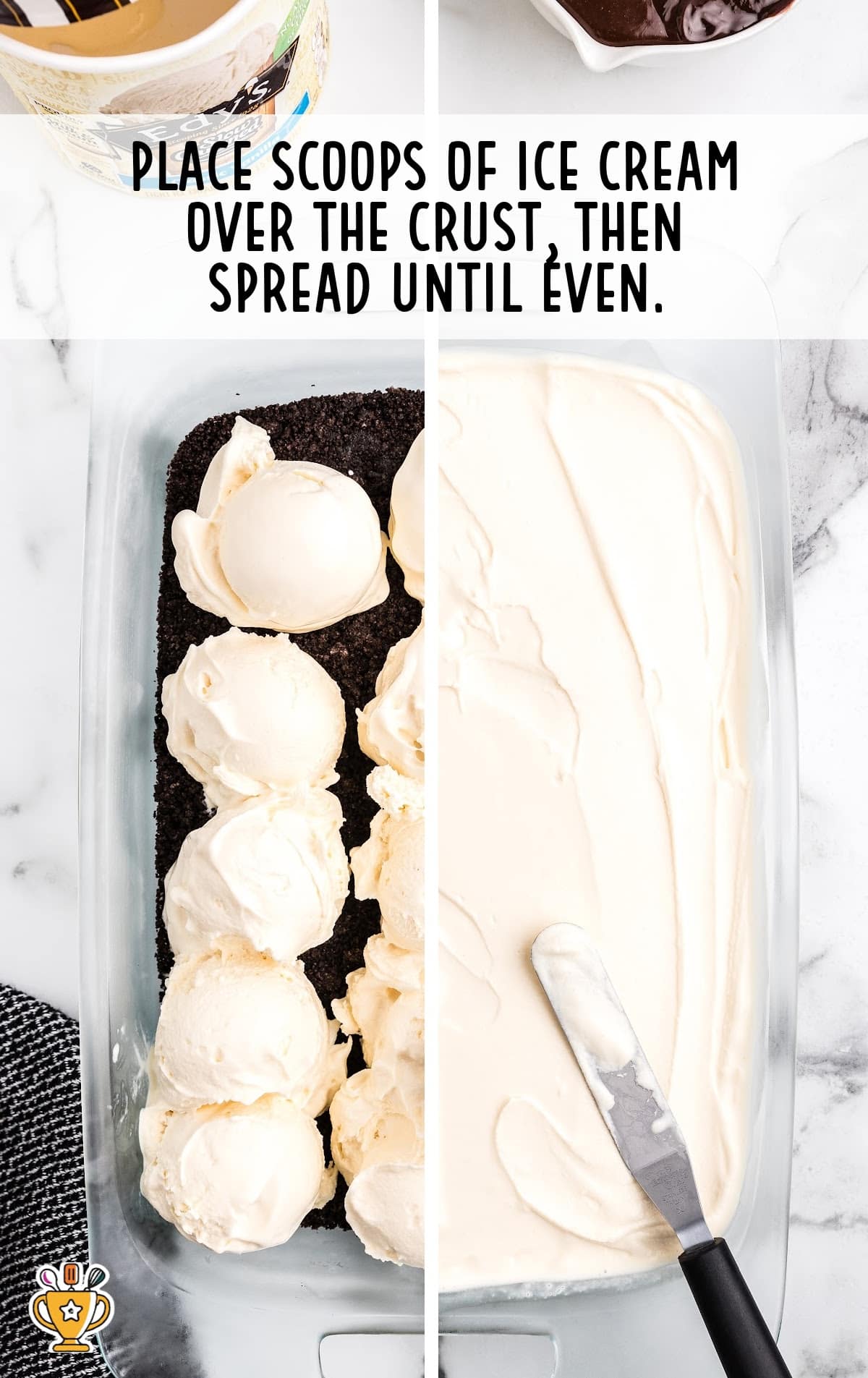 Vanilla ice cream is being spread over the top of the cookie crumbs.