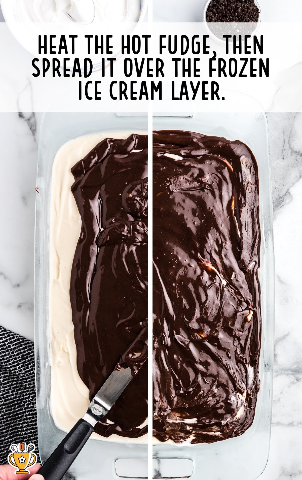 Hot fudge is spread over the ice cream layer.