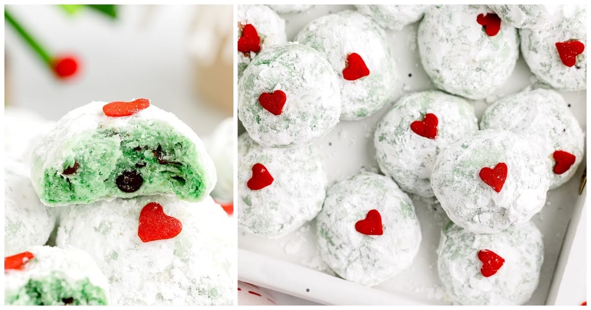 a bunch of Grinch Snowball Cookies