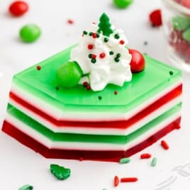A layered jello with alcohol to make Holly Jolly Jello Shots