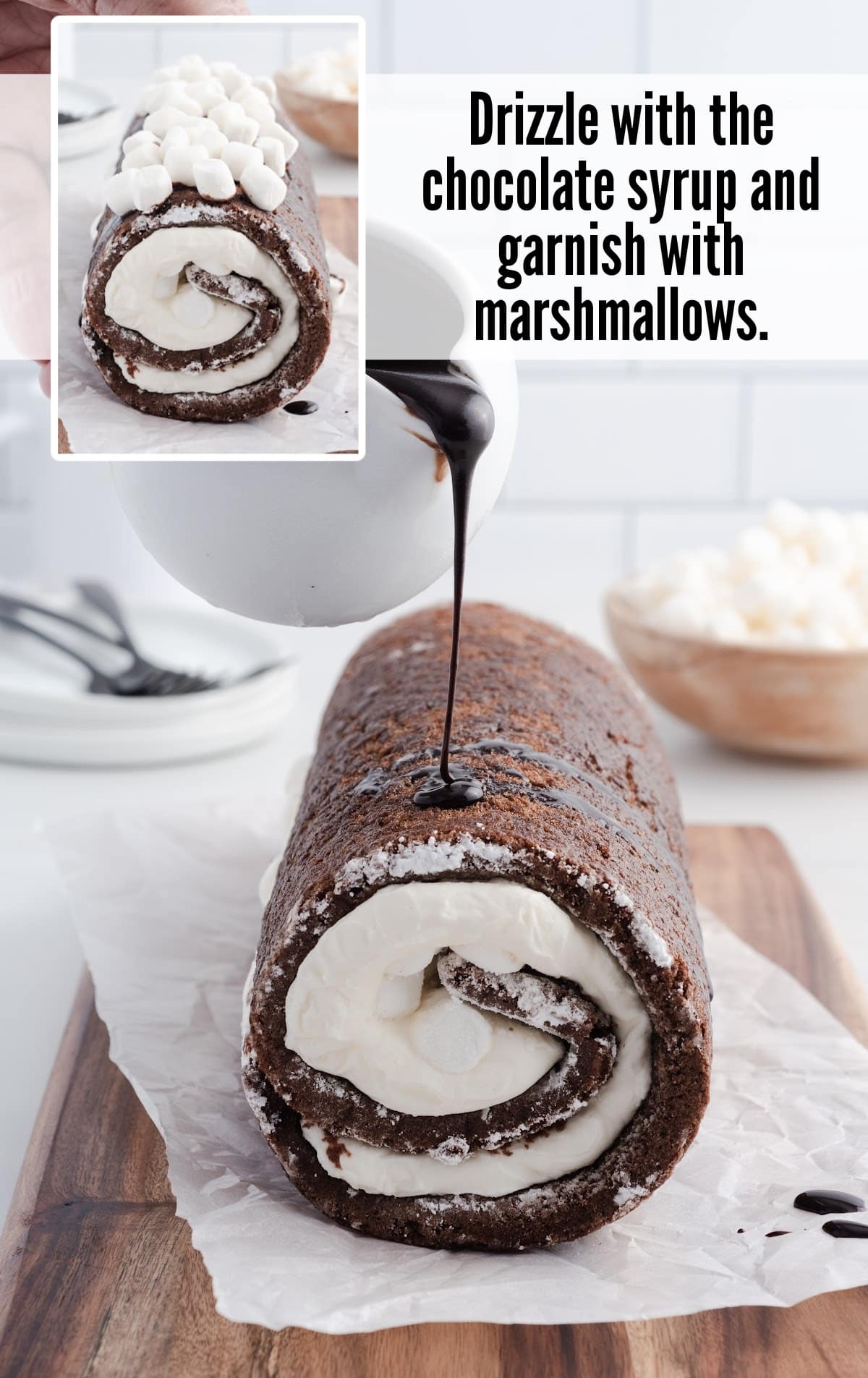 a drizzle of chocolate syrup over the Hot Chocolate Roll Cake