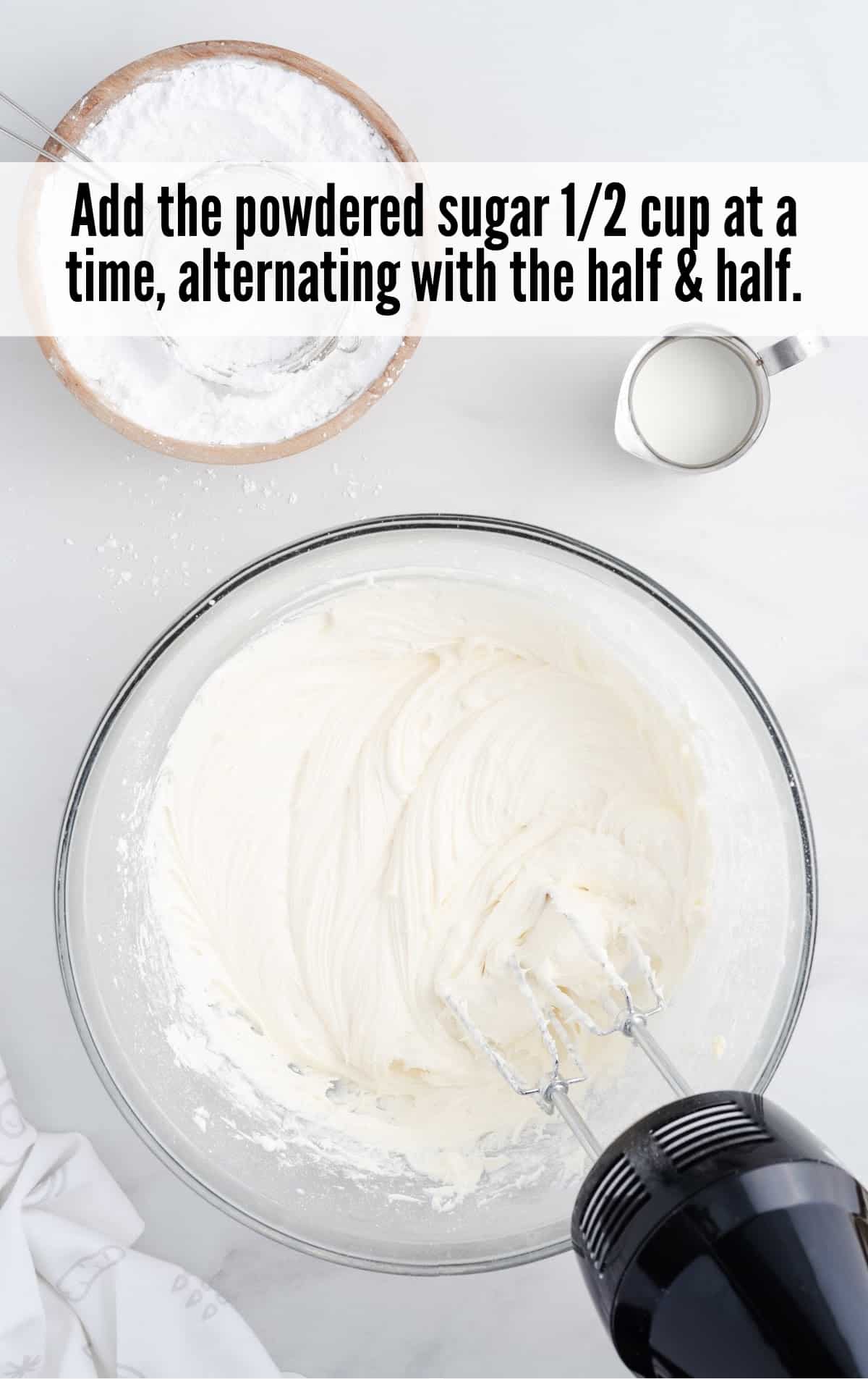 adding powdered sugar in a bowl
