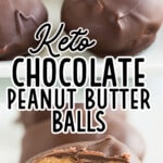 Keto chocolate peanut butter balls and one is split open.
