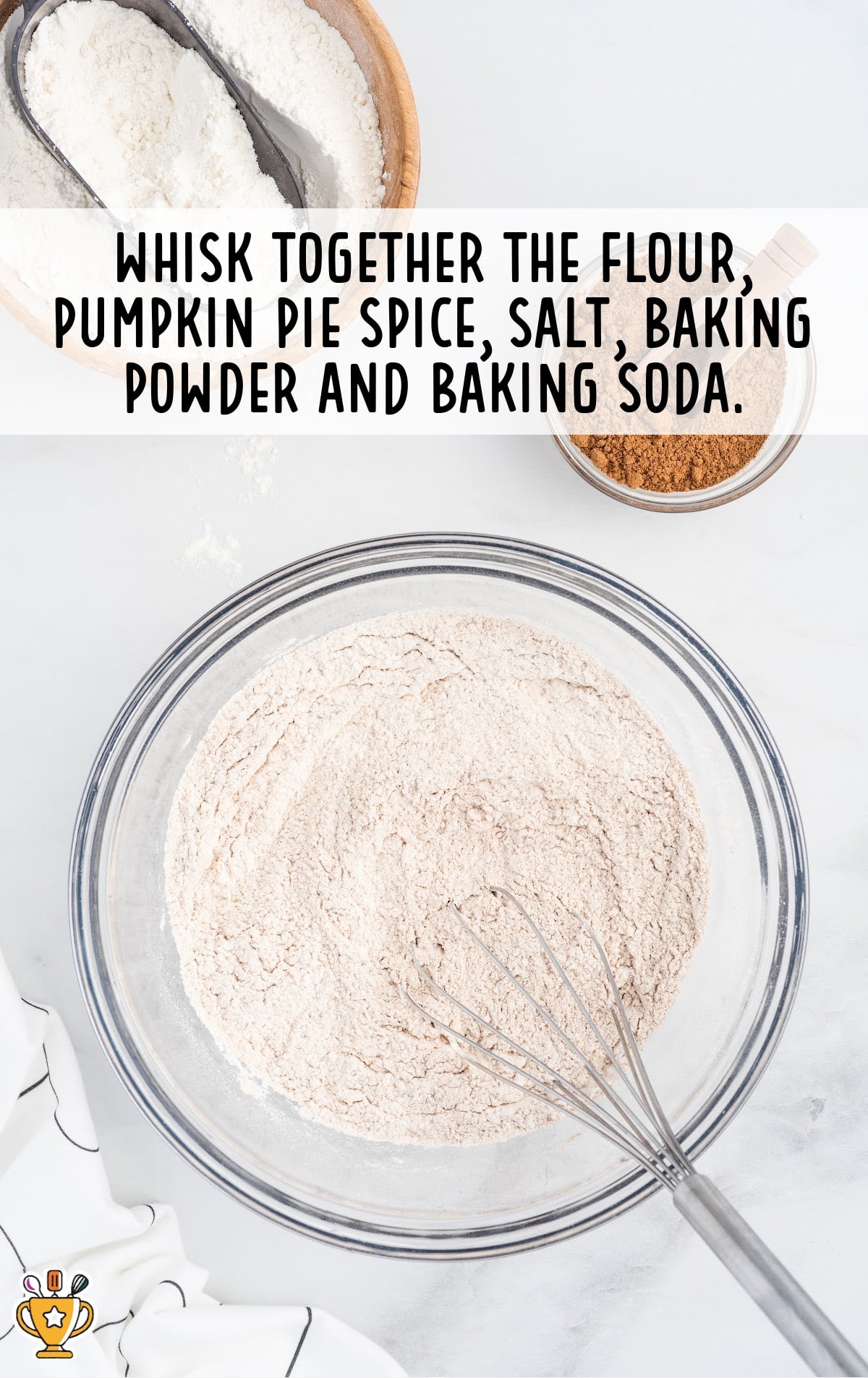 flour, pumpkin pie spice, salt, baking powder and baking soda whisked together in a bowl