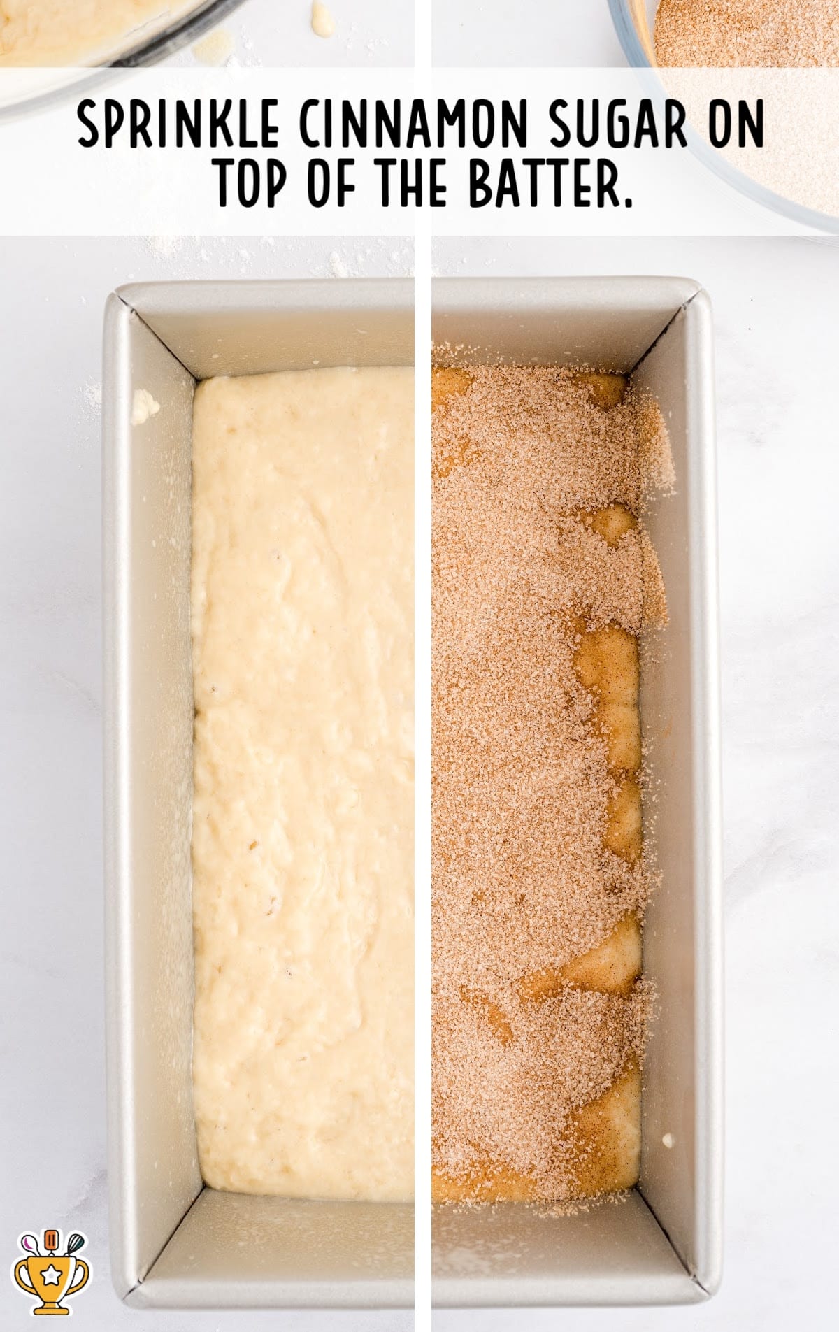 batter in the pan with cinnamon sugar on top