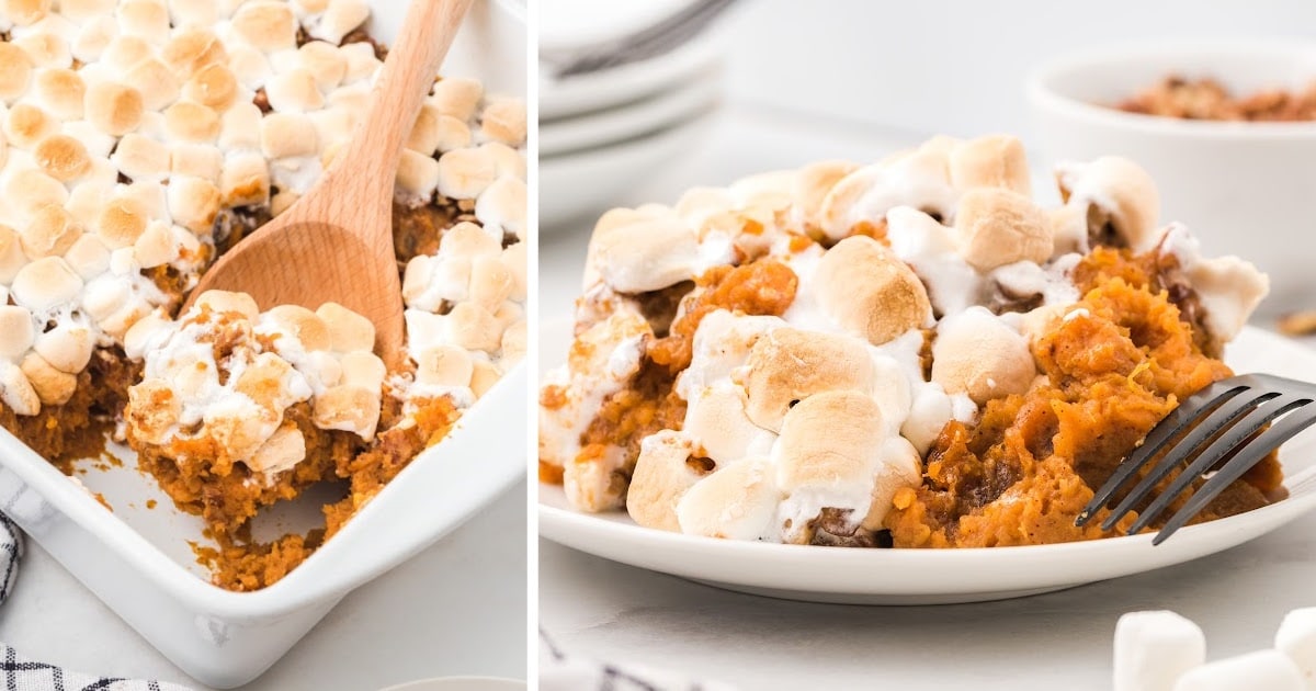 Sweet Potato Casserole on a plate and in a baking tin