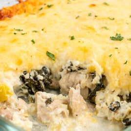 Spinach and Artichoke Chicken Casserole in a baking dish