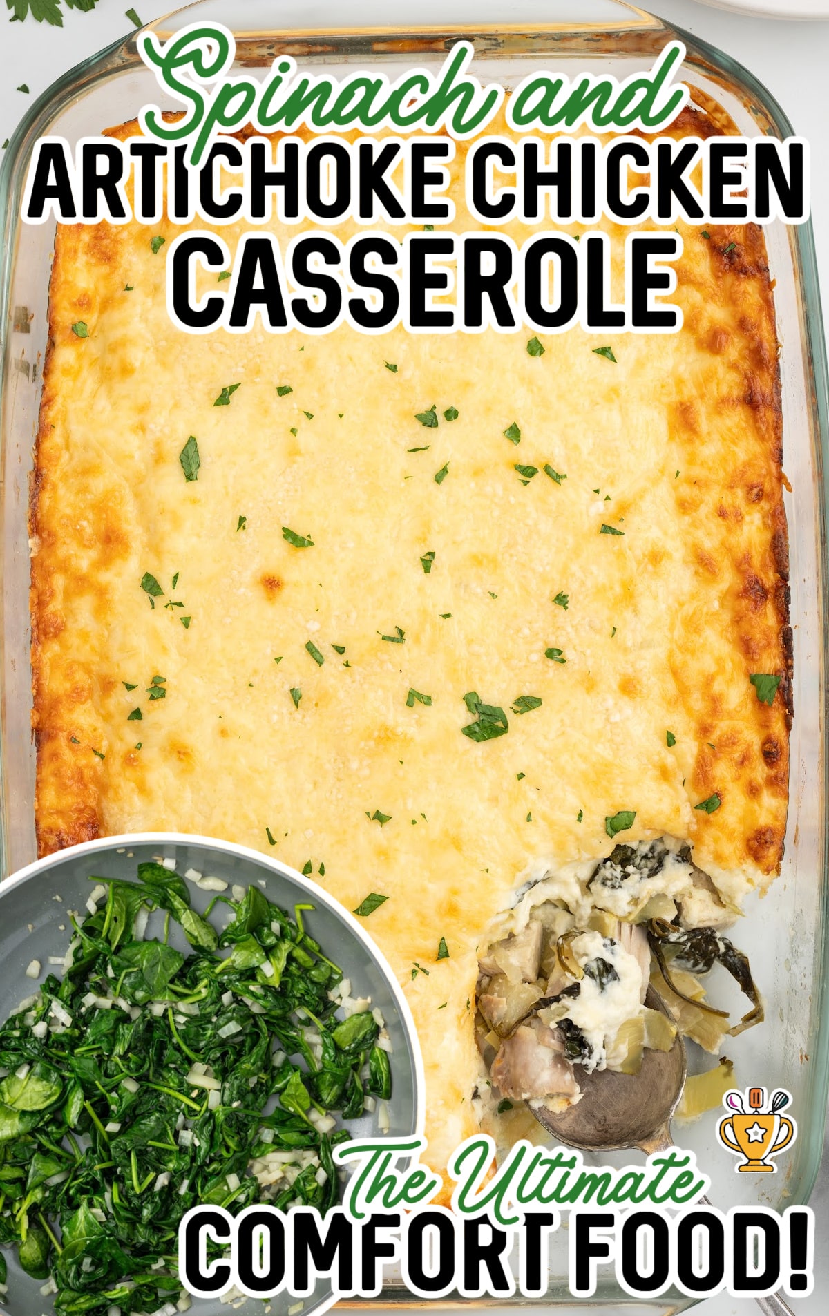 Spinach and Artichoke Chicken Casserole in a baking dish and some spinach in a bowl