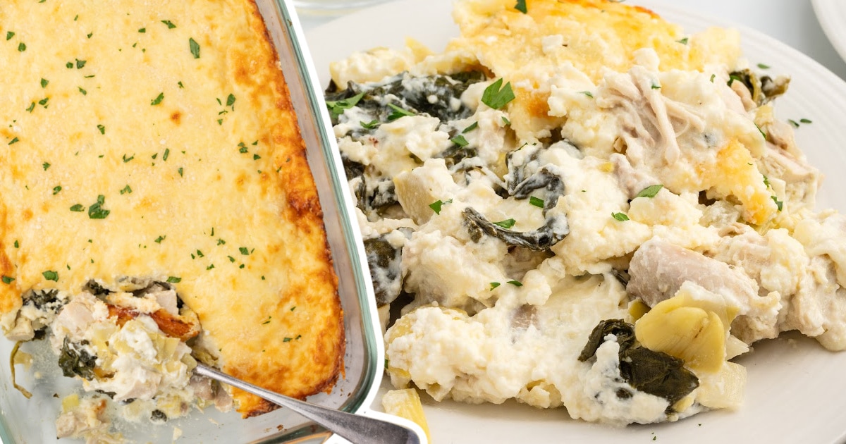 Spinach and Artichoke Chicken Casserole in a baking dish and on a plate