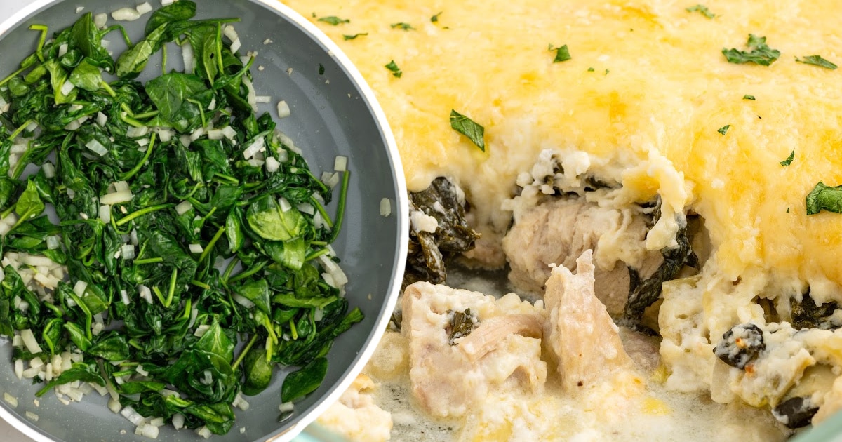 Spinach and Artichoke Chicken Casserole and some spinach in a skillet
