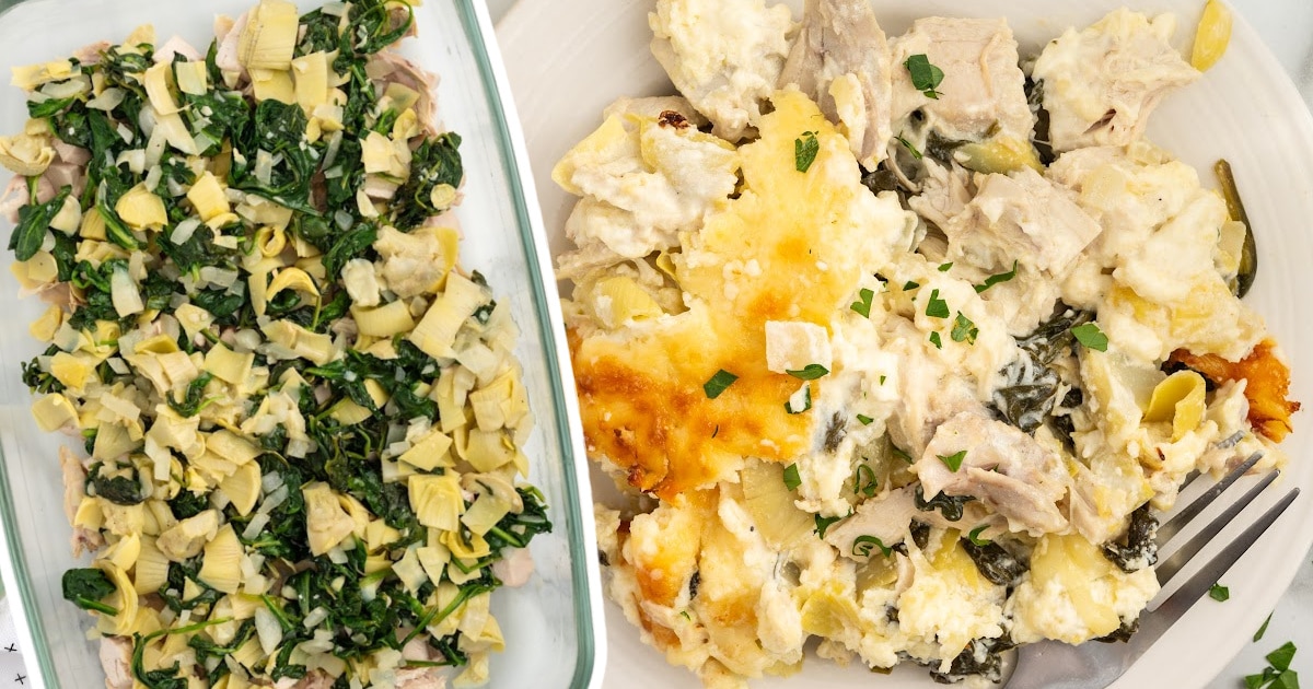 Spinach and Artichoke Chicken Casserole in a baking dish and on a plate with a fork