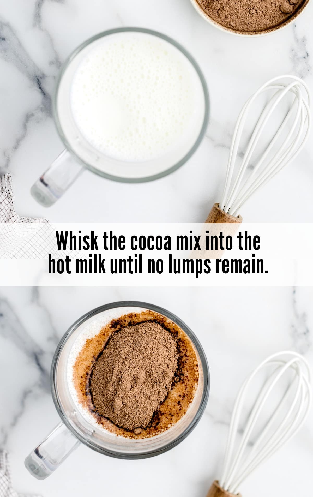 whisking cocoa into the hot milk in a mug