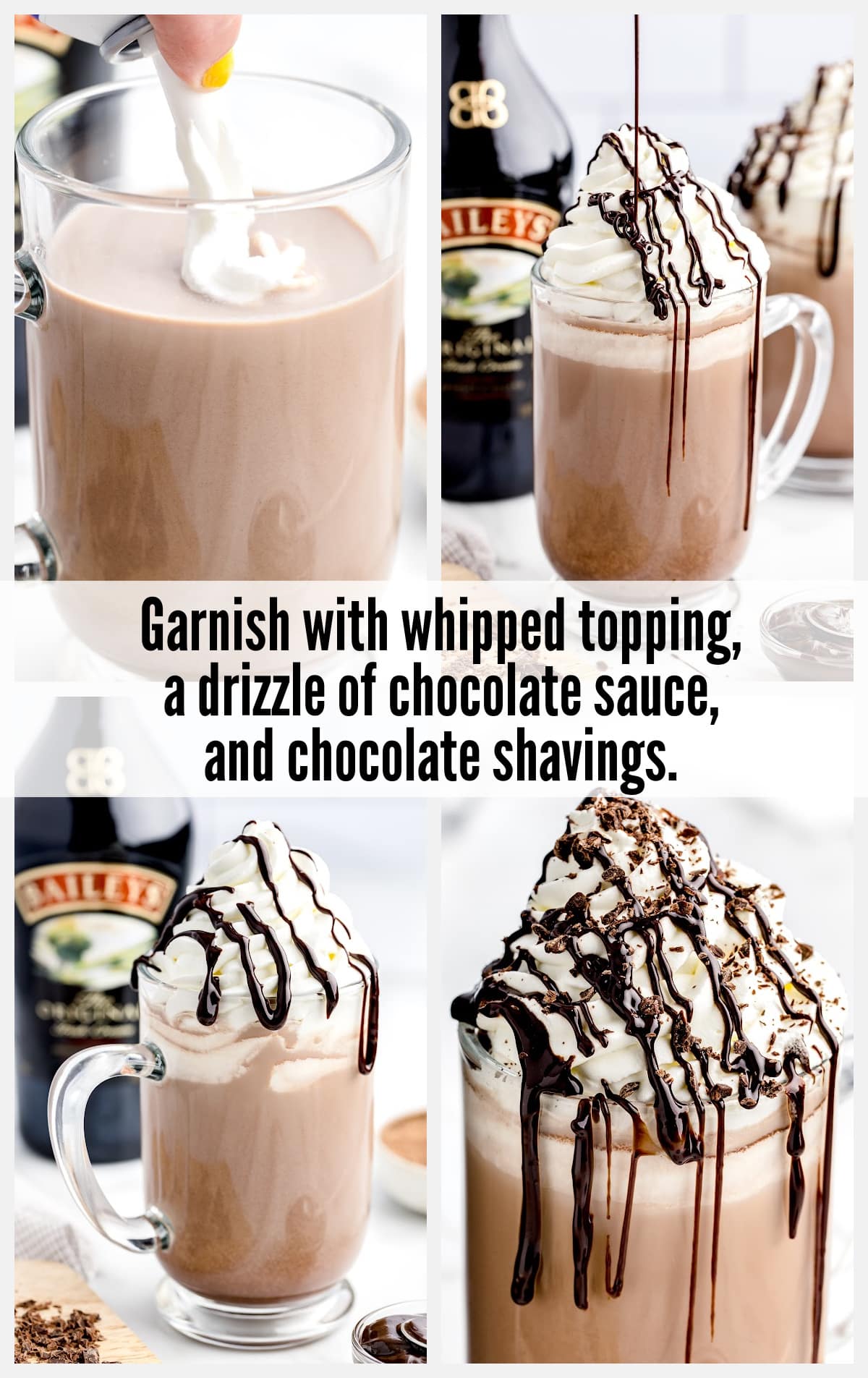 garnishing with whipped topping, a drizzle of chocolate sauce and chocolate shavings