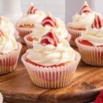 Candy Cane Cupcakes on a wooden board