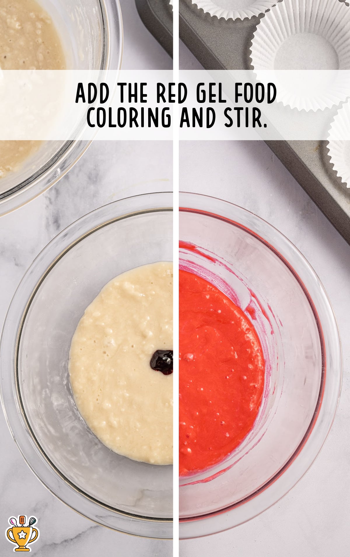 red gel food coloring added in a bowl