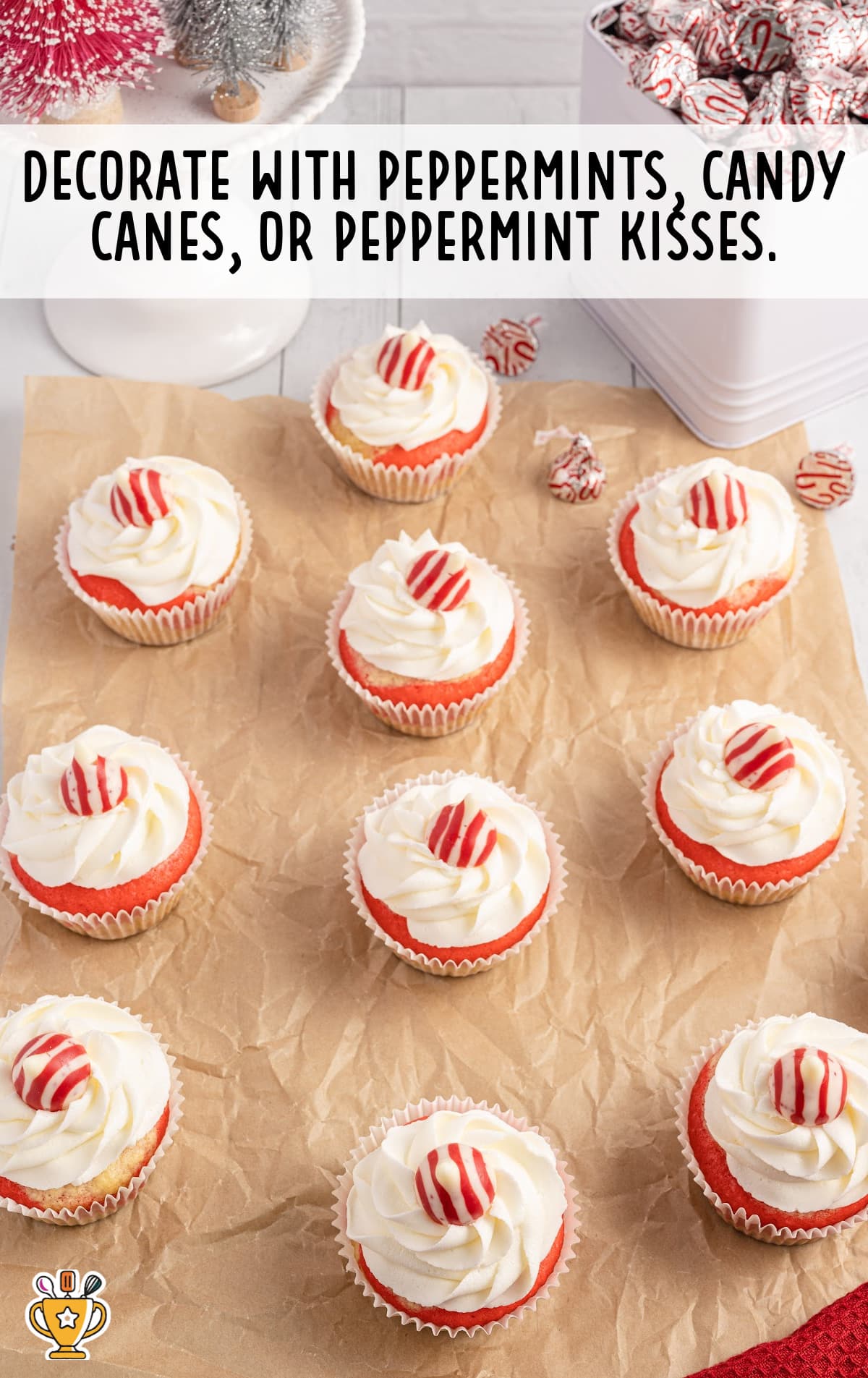 Candy Cane Cupcakes decorated with peppermints and candy canes