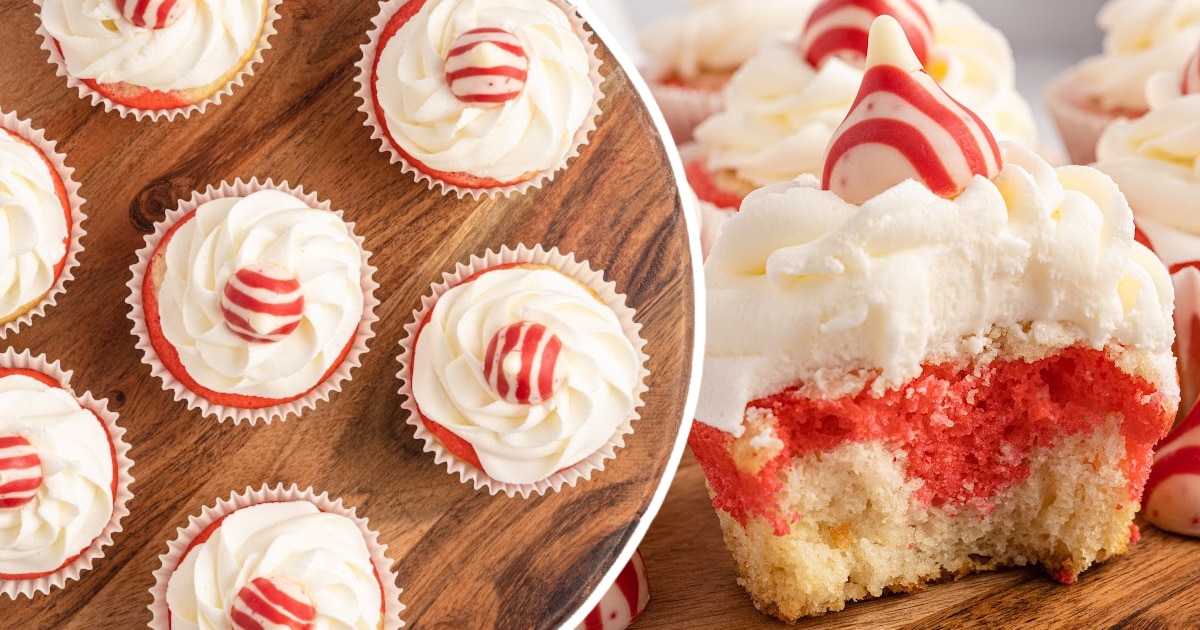 Candy Cane Cupcakes on a wooden surface