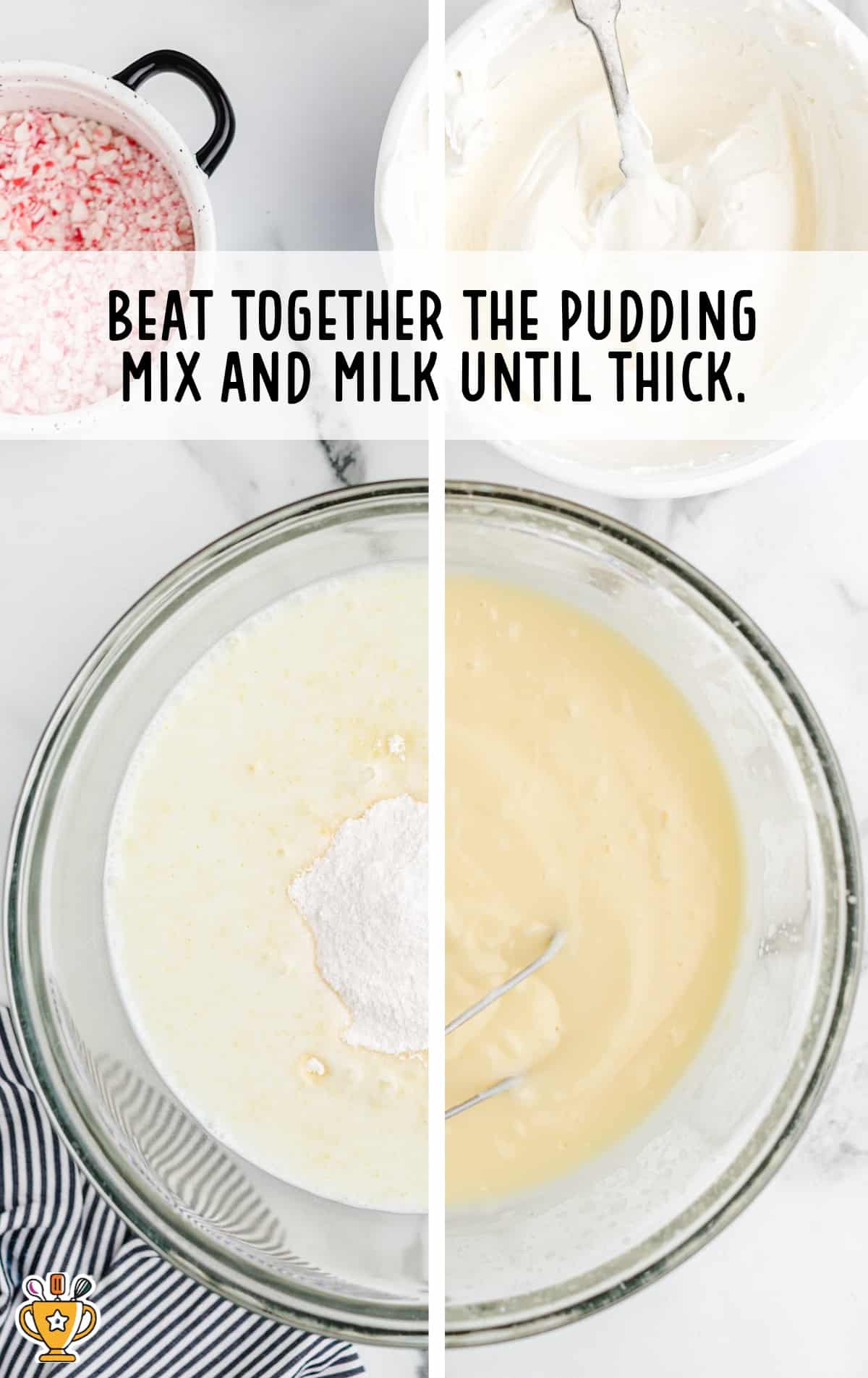 beating together pudding mix and milk in the bowl