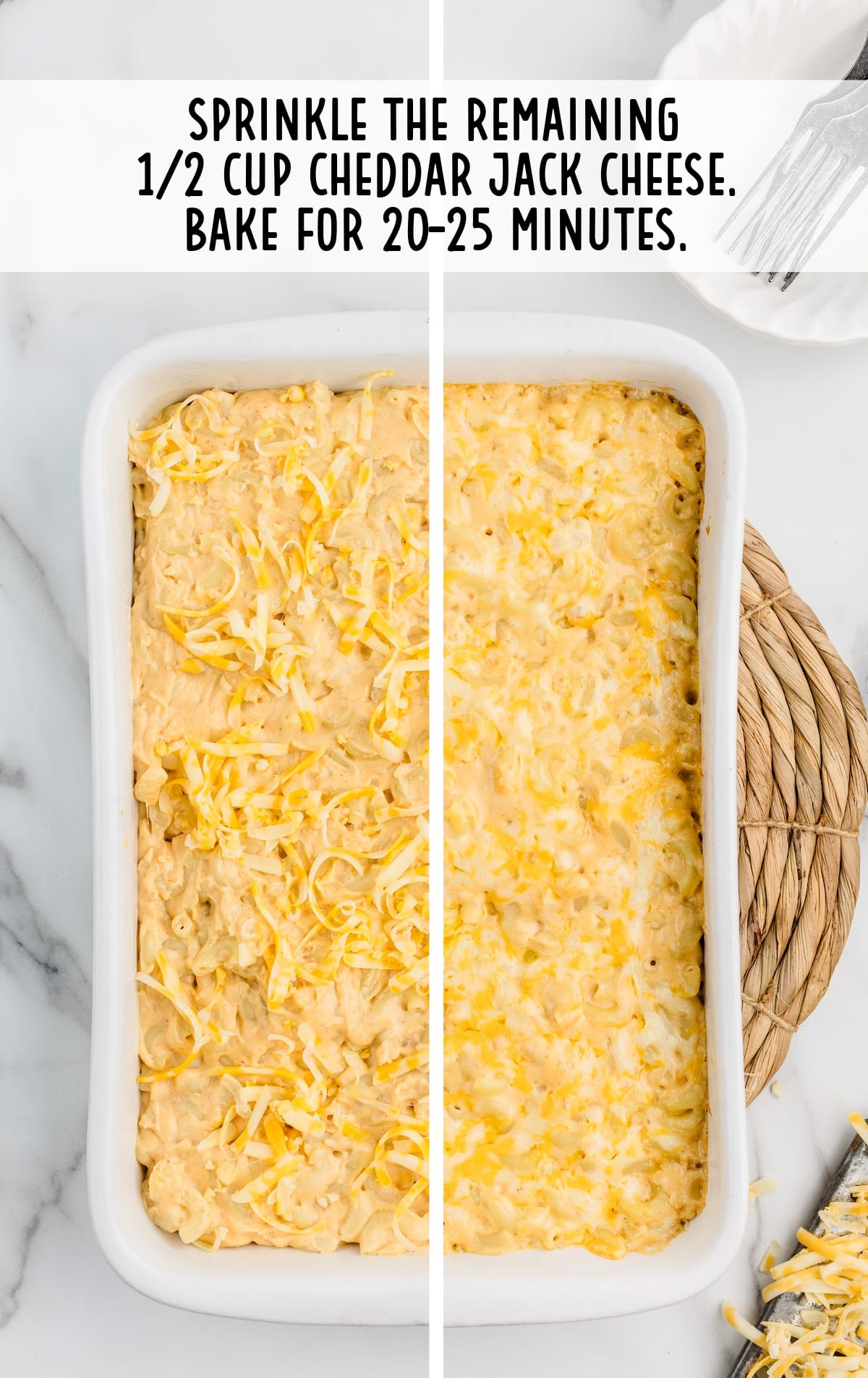 sprinkling some cheddar jack cheese in a baking pan