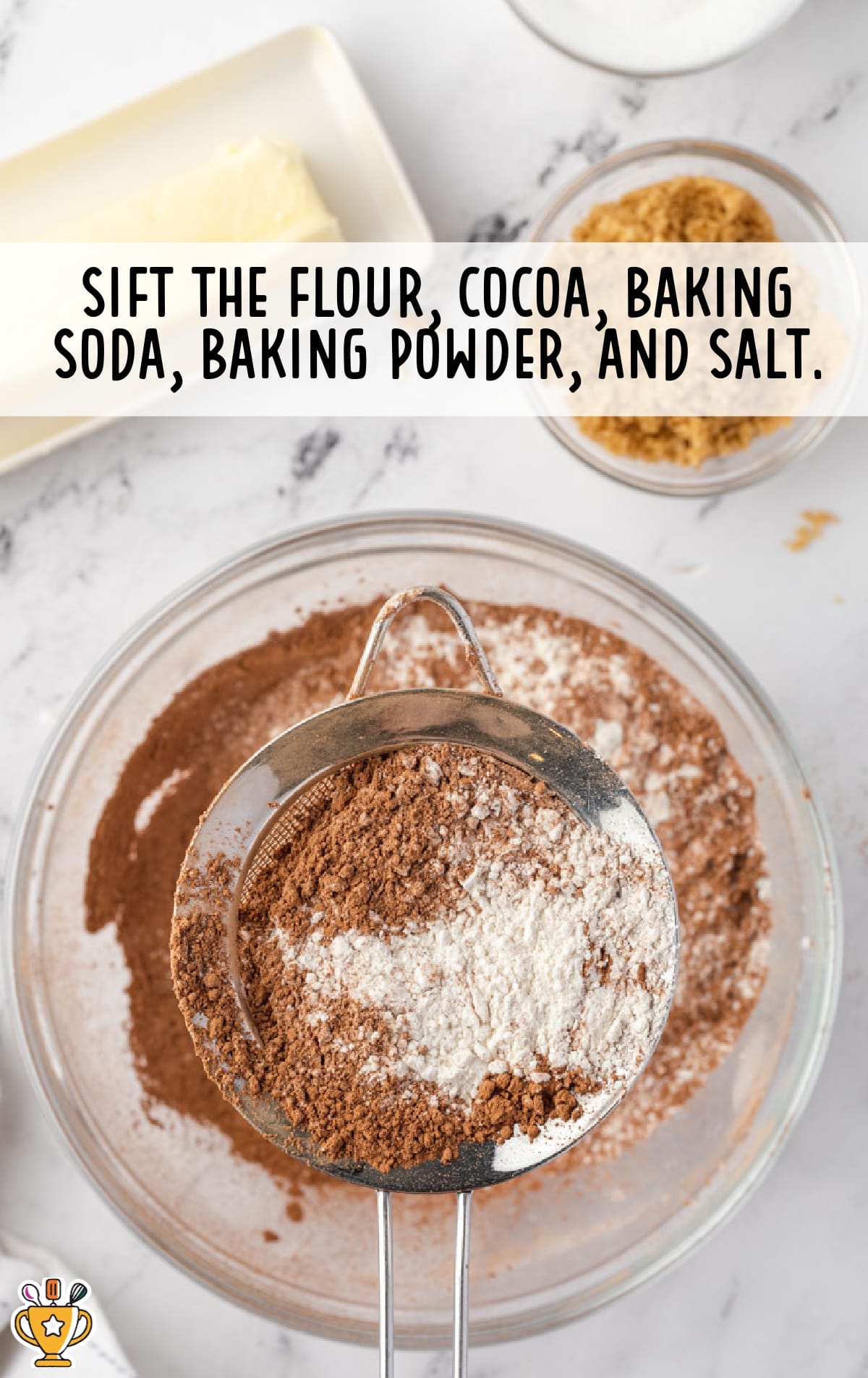 flour, cocoa, baking soda, baking powder and salt