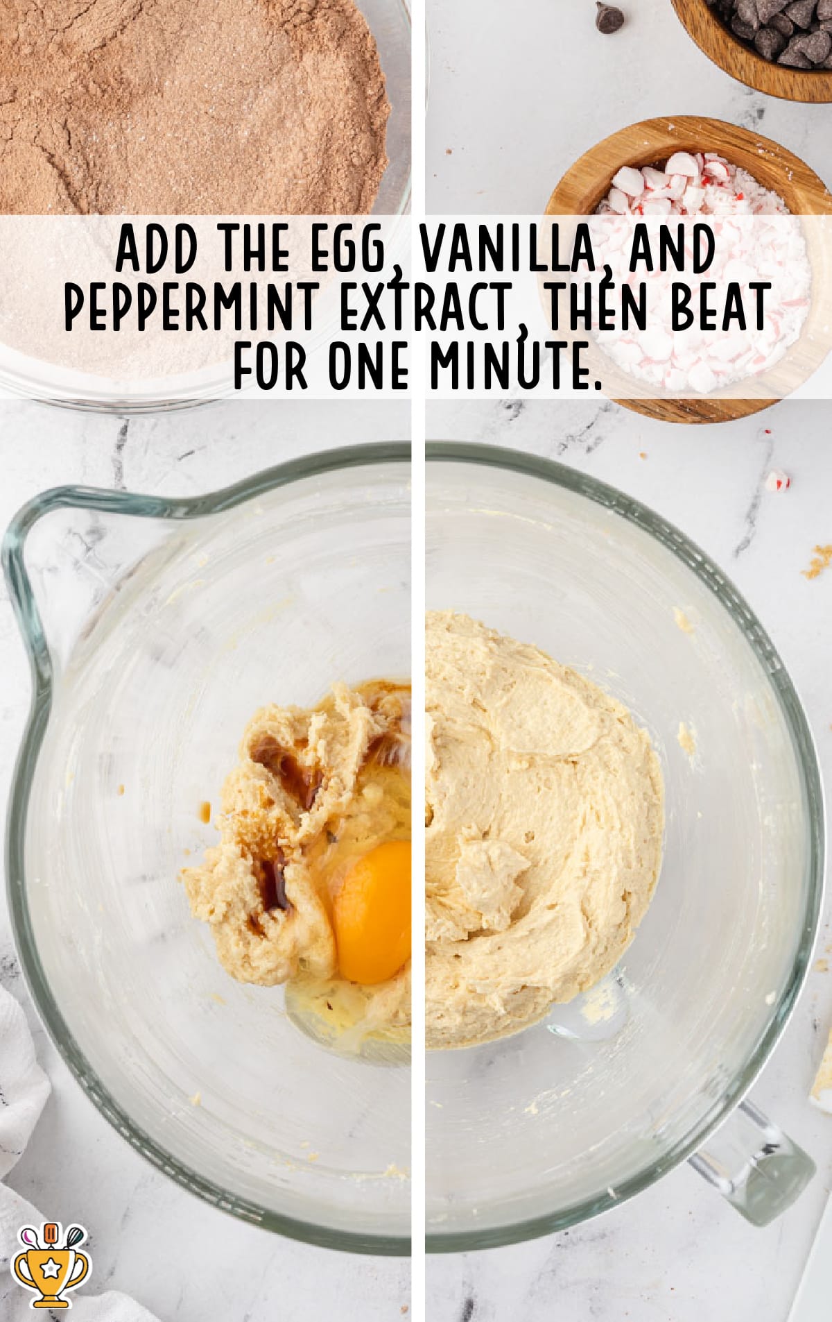 egg, vanilla and peppermint extract mixed in a bowl