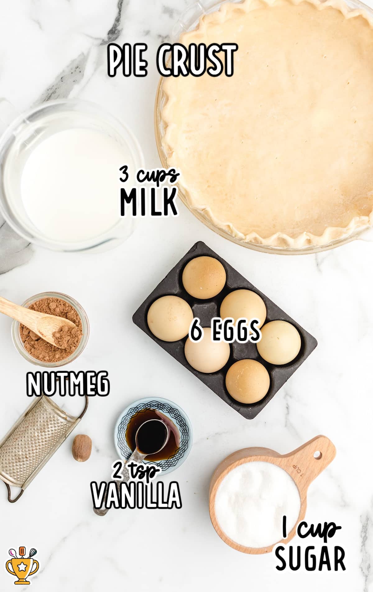 Raw ingredients to make custard pie.