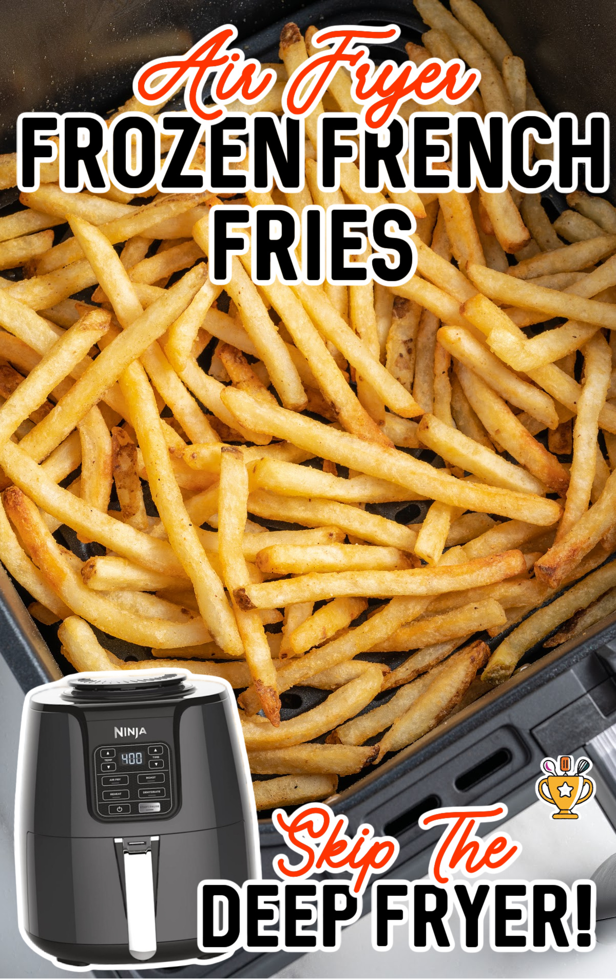 Air Fryer Frozen French Fries in a air fryer with an airfryer on the side